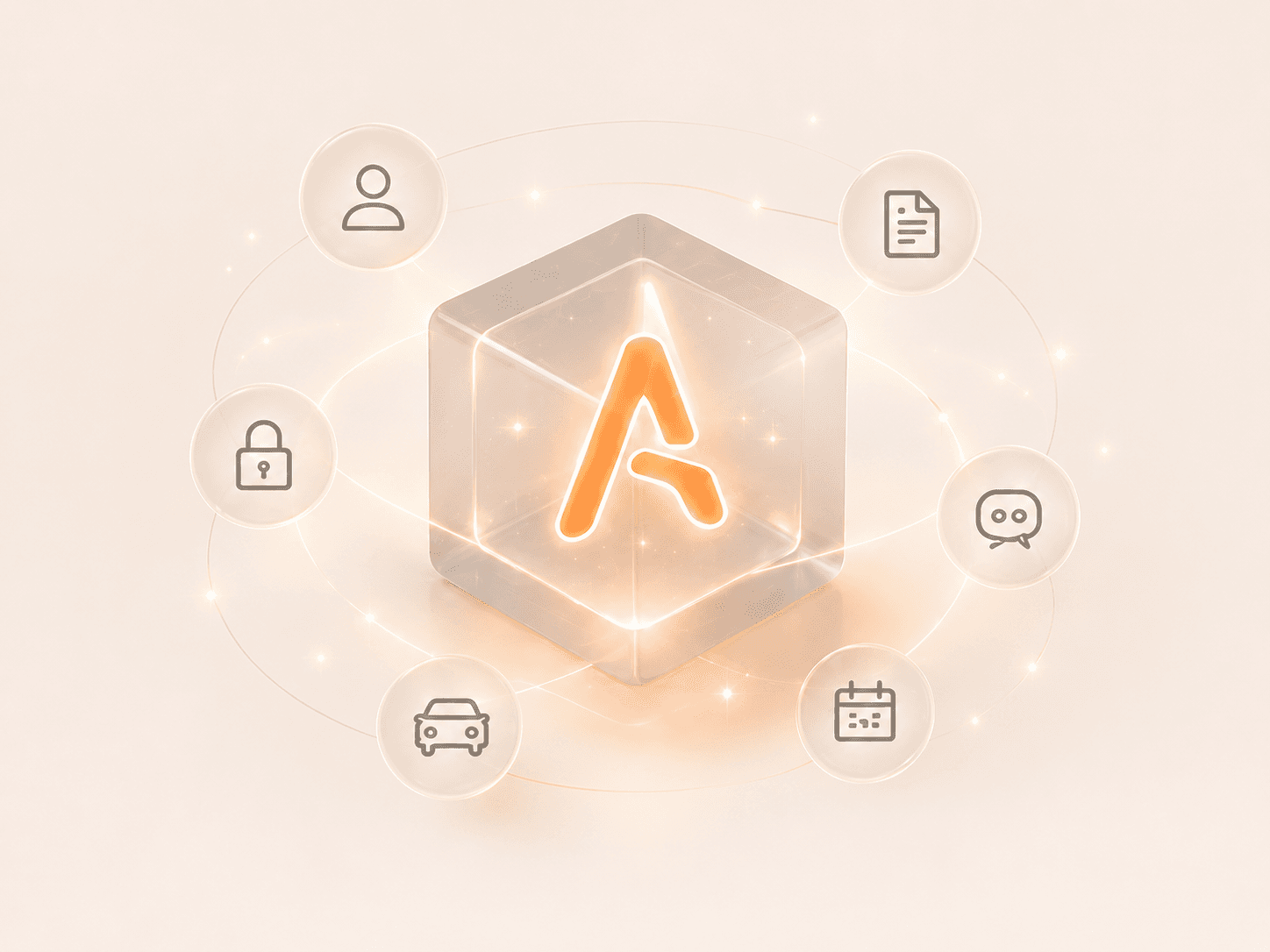 Artifia A mark inside a glass cube surrounded by service icons